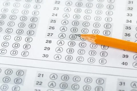 Testing in exercise and exam paper. computer sheet with pencil in school test Stock Photos
