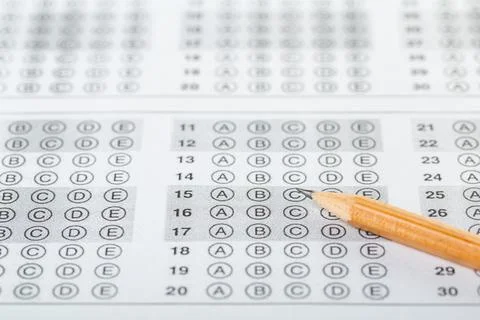 Testing in exercise and exam paper. computer sheet with pencil in school test Stock Photos