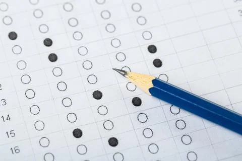 Testing in exercise and exam paper. computer sheet with pencil in school test Stock-Fotos