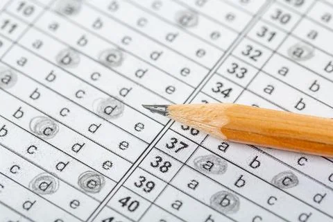 Testing in exercise and exam paper. computer sheet with pencil in school test Stock Photos
