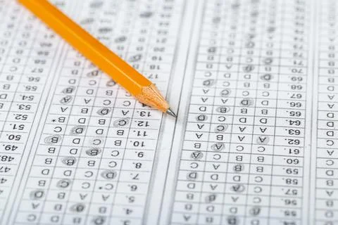 Testing in exercise and exam paper. computer sheet with pencil in school test Stock Photos
