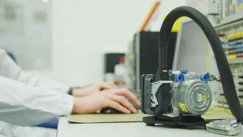Testing in High Tech Production Plant - Computerized Chip Manufacturing Stock Footage 98626910