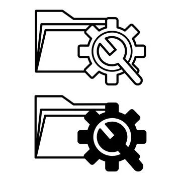 Testing icons. Black and White Vector Icons of Computer Folder, Gear, and W.. Illustrazione stock