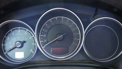 Testing instruments on the scoreboard when starting the engine of the car Stock Footage 85375019