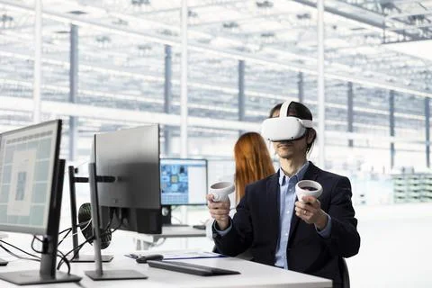 Testing microchip electronics prototypes, VR tech and man Stock Photos