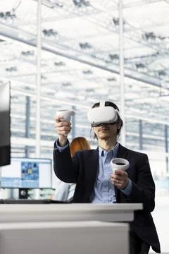 Testing microchip electronics prototypes, VR tech and man Stock Photos