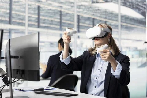 Testing microchip electronics prototypes, VR technology and engineer Stock Photos