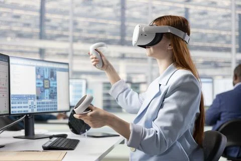 Testing microchip electronics prototypes, VR technology and woman in office 스톡 사진