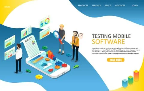 Testing mobile software landing page website vector template 스톡 일러스트