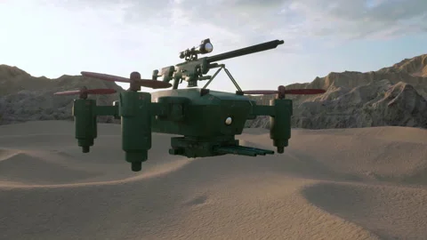 Testing a new military drone with a triple-turret gun and AI sniper rifle. Stock Footage 229969907