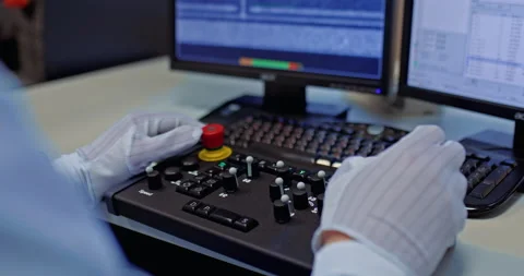 Testing new software for industry, closeup of engineer hands and computer Stock Footage 229611464