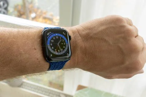 Testing the new watch faces on the all new Apple Watch Series 6. Stock Photos