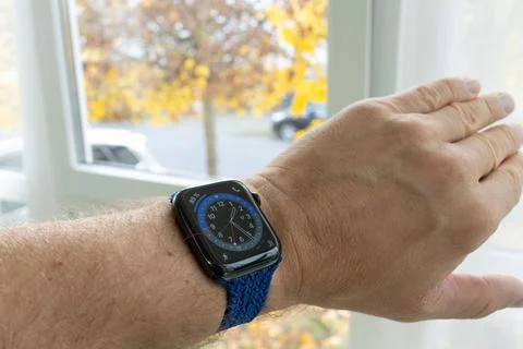 Testing the new watch faces on the all new Apple Watch Series 6. Stock Photos