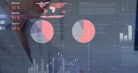 Testing percentages and data charts animation over business professional in Stock Footage 304574764