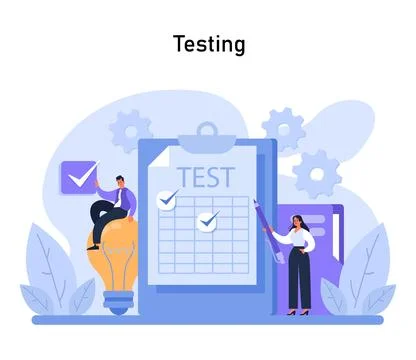 Testing phase visual. Professionals rigorously evaluate a product Stock Illustration