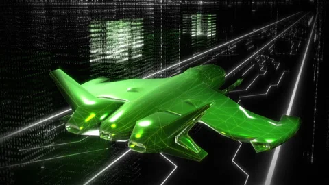 Testing projection of green fighter jet moving in the runway in cyber software Stock Footage 167324596