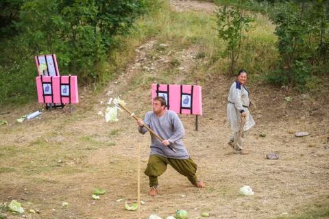 Testing the sharpness of medieval weapons Stock Photos