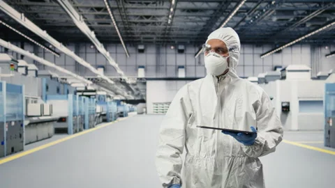 Testing silicon wafer batches, tablet control app and portrait of expert Stock Footage 333392131