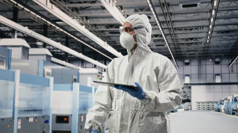 Testing silicon wafer batches, tablet control app and portrait of expert Stock Footage 333394712