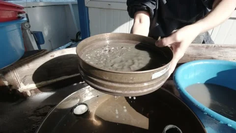 Testing size of material by sieve analysis for laboratory  Stock Footage 150733087