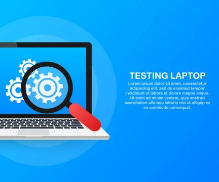 Testing software concept with laptop and wheel gears. Vector illustration. Stock Illustration