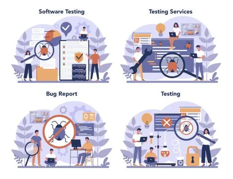 Testing software concept set. Application or website code test process. Stock Illustration