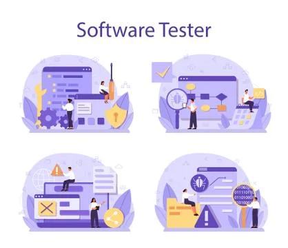 Testing software concept set. Application or website code test Stock Illustration