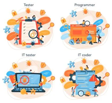 Testing software concept set. Application or website code test process Stock Illustration