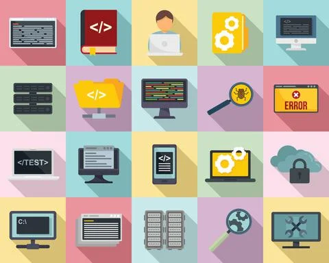 Testing software icons set, flat style Illustrazione stock