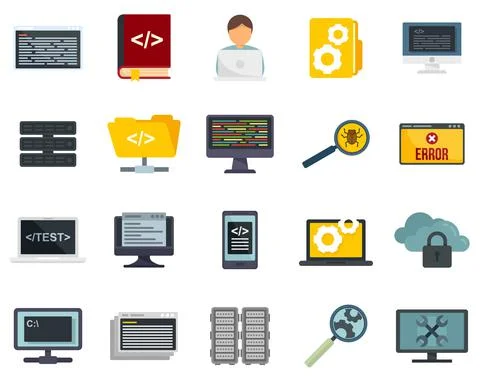 Testing software icons set flat vector isolated Stock Illustration