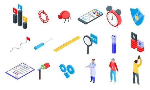 Testing software icons set, isometric style Stock Illustration