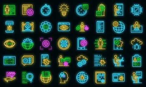 Testing software icons set vector neon Stock Illustration