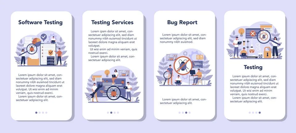 Testing software mobile application banner set. Application or website Stock Illustration