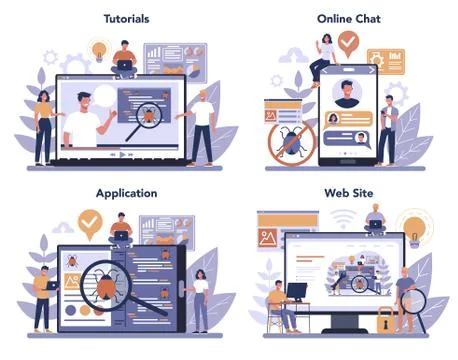 Testing software online service or platform set. Application or website Stock Illustration