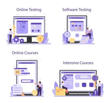 Testing software online service or platform set. Application or website Stock Illustration