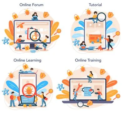 Testing software online service or platform set. Application or website Stock Illustration