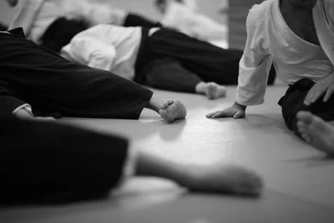 Testing of special exercises in training Aikido Stock Photos