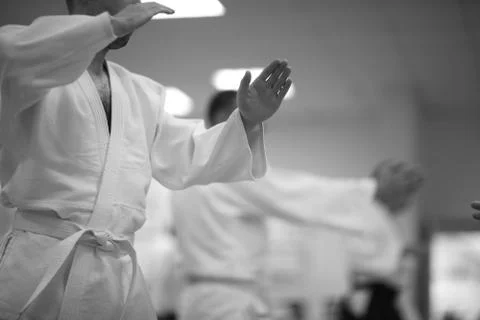 Testing of special exercises in training Aikido Stock Photos