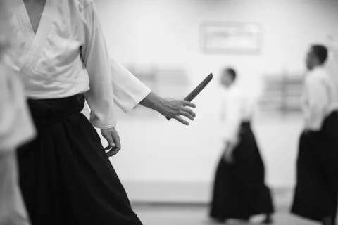 Testing of special exercises in training Aikido Stock Photos