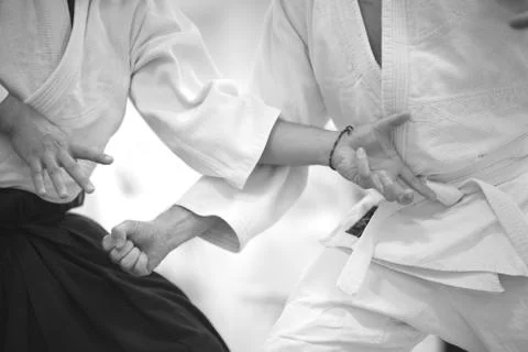Testing of special exercises in training Aikido Stock Photos