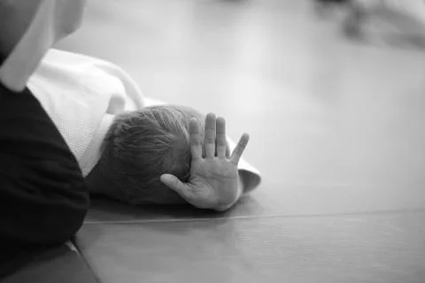Testing of special exercises in training Aikido Stock Photos