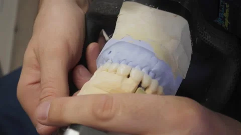 Testing structural integrity of gypsum teeth model at the stomatology clinic Video stock 196921643