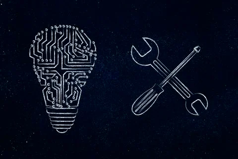 Testing tech ideas, circuit lightbulb with wrench Stock Illustration