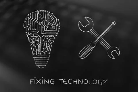 Testing tech ideas, circuit lightbulb with wrench Stock Illustration