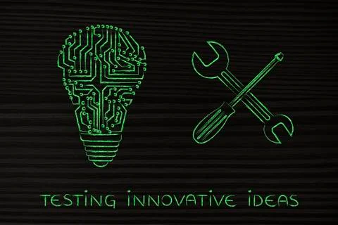 Testing tech ideas, circuit lightbulb with wrench Stock Illustration