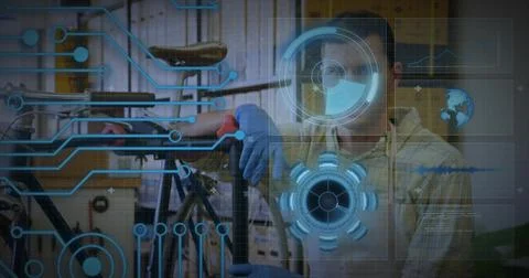 Testing technician in coverall with blue gloves and respirator tuning bike 写真素材