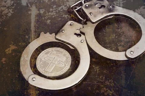 Tether coin and handcuffs Stock Photos