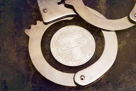 Tether coin and handcuffs Stock Photos