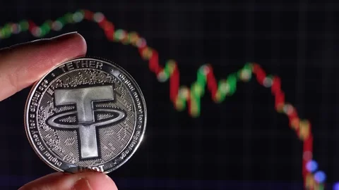 Tether coin with cryptocurrency market chart on computer screen in background. Stock Footage 312100220
