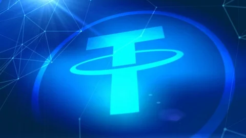 Tether cryptocurrency icon animation blue digital elements technology background Stock Footage 113480696